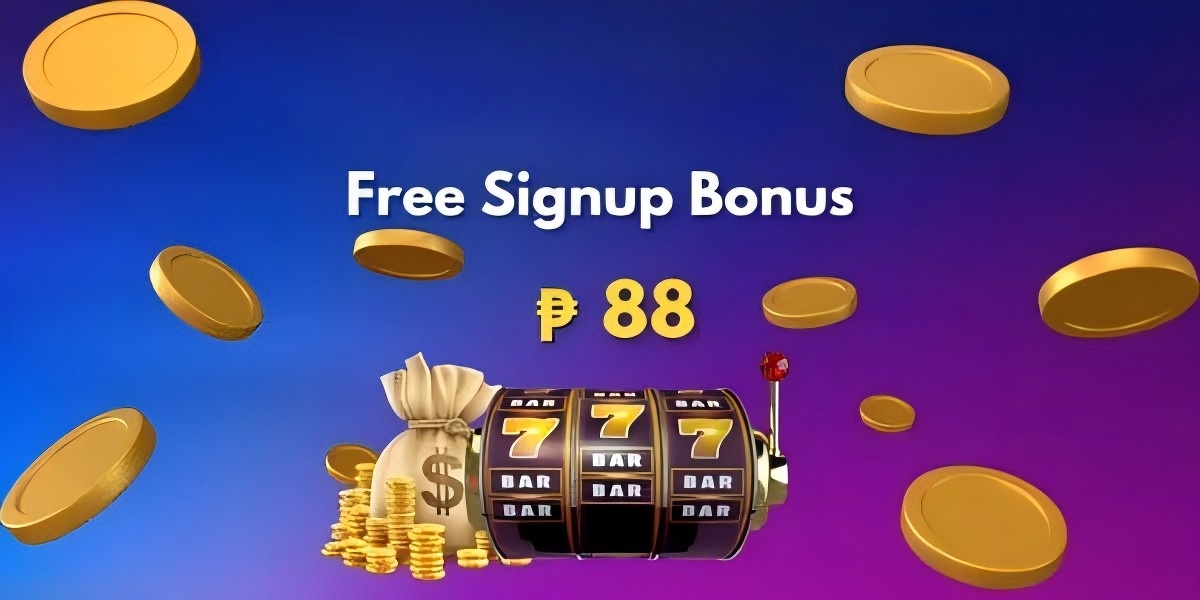 Promotional banner with a welcome bundle headline over glowing slot reels